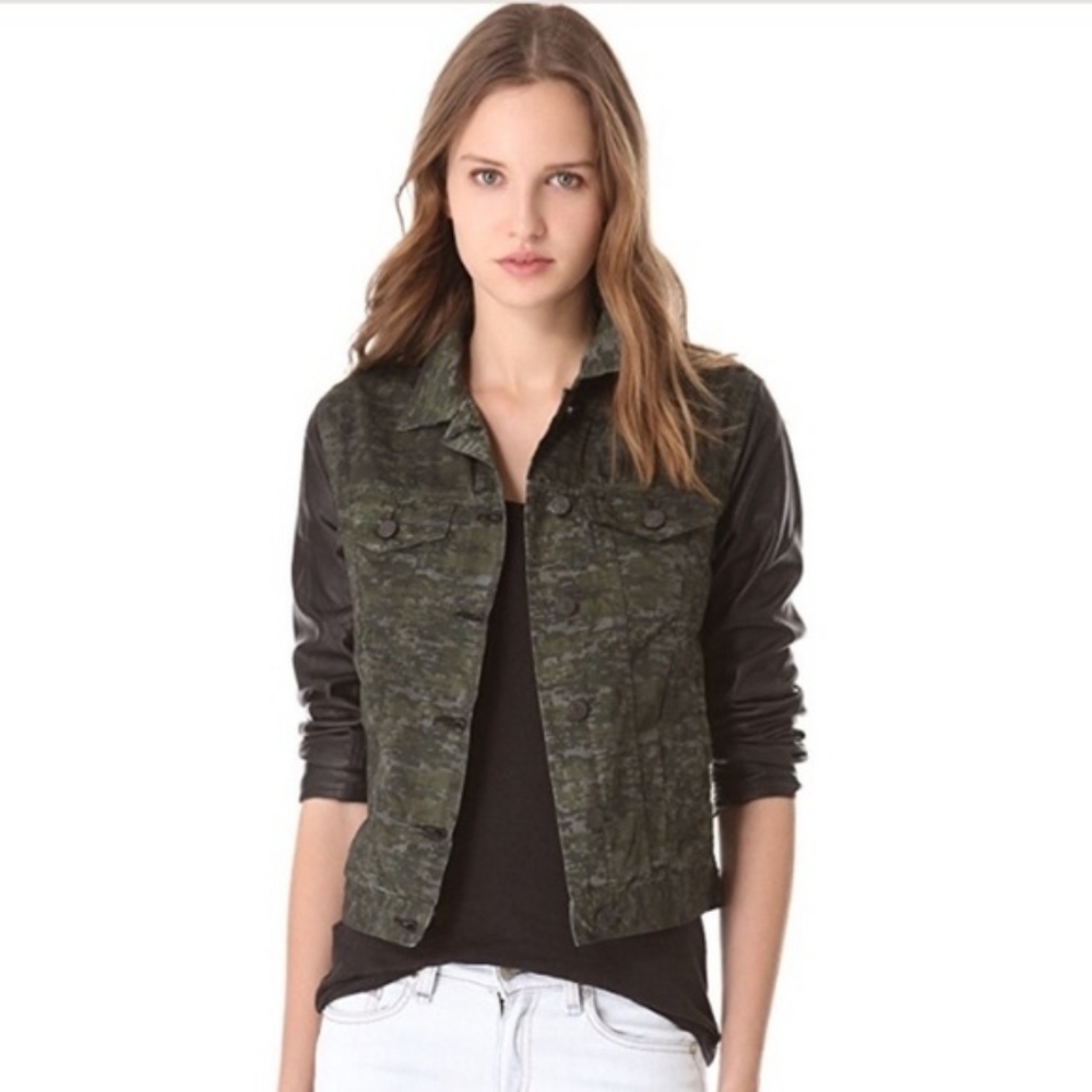 RAG & BONE Camouflage Jean Jacket with Black Leather Sleeves